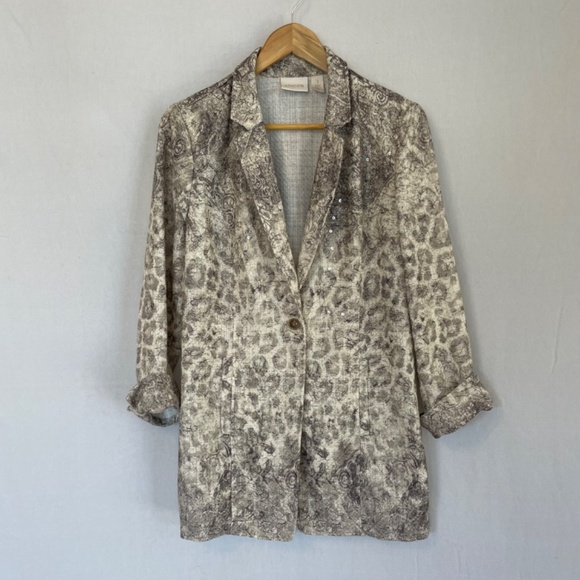 CHICO'S Size 1 US Medium Long Line One Button Blazer Cream & Silver Animal Print - Picture 7 of 7